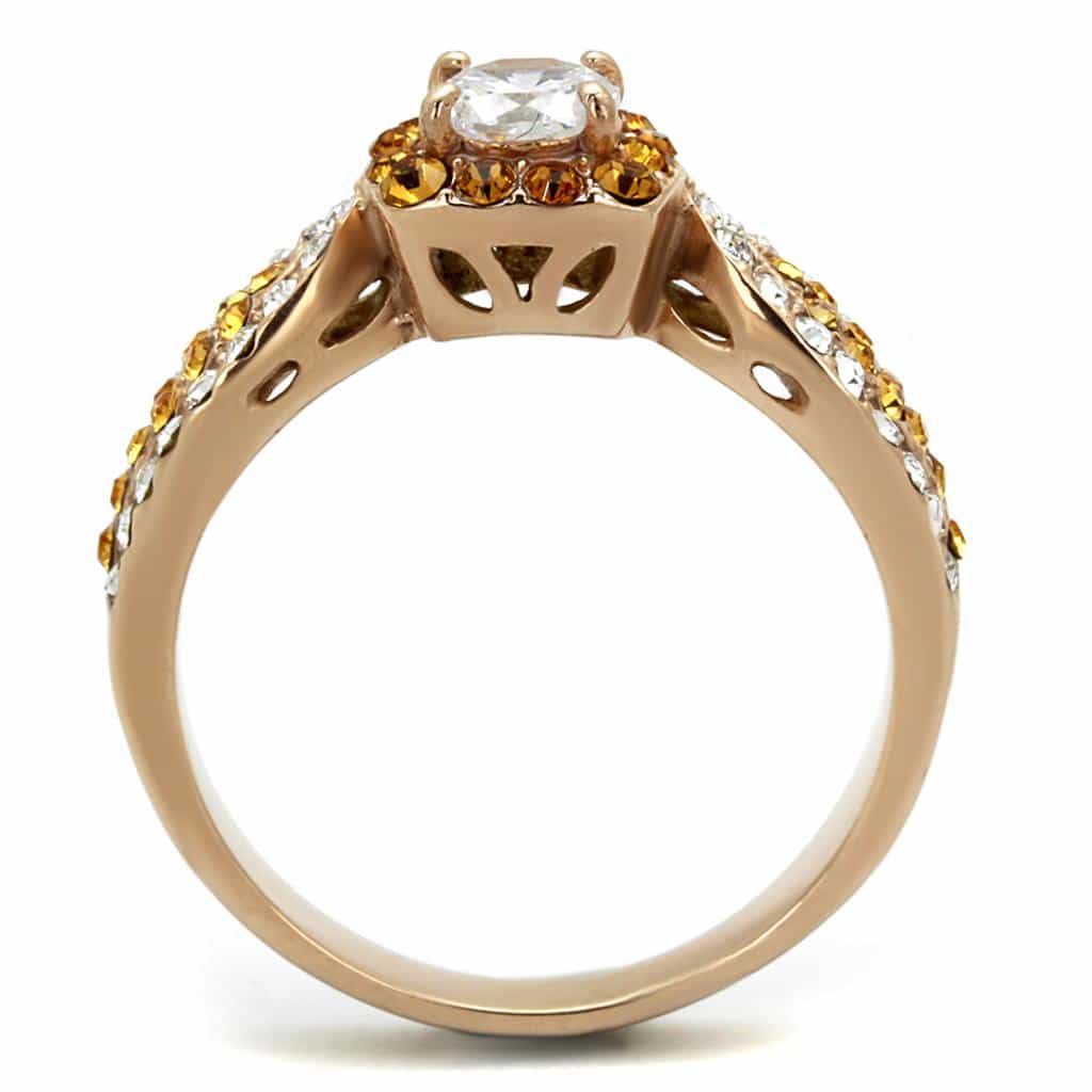 Stainless Steel Rose Gold CZ Round Halo Topaz Pave Ring view 7