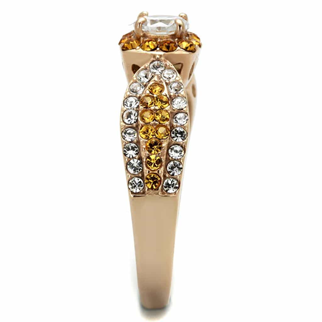 Stainless Steel Rose Gold CZ Round Halo Topaz Pave Ring view 4