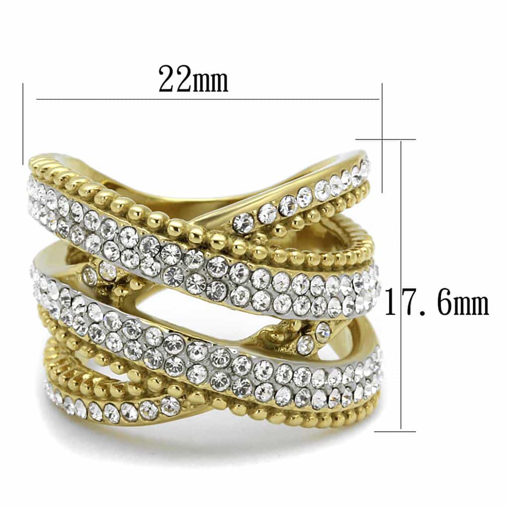 Stainless Steel Gold IP CZ Pave Multi Row Wide Crossover Ring view 6