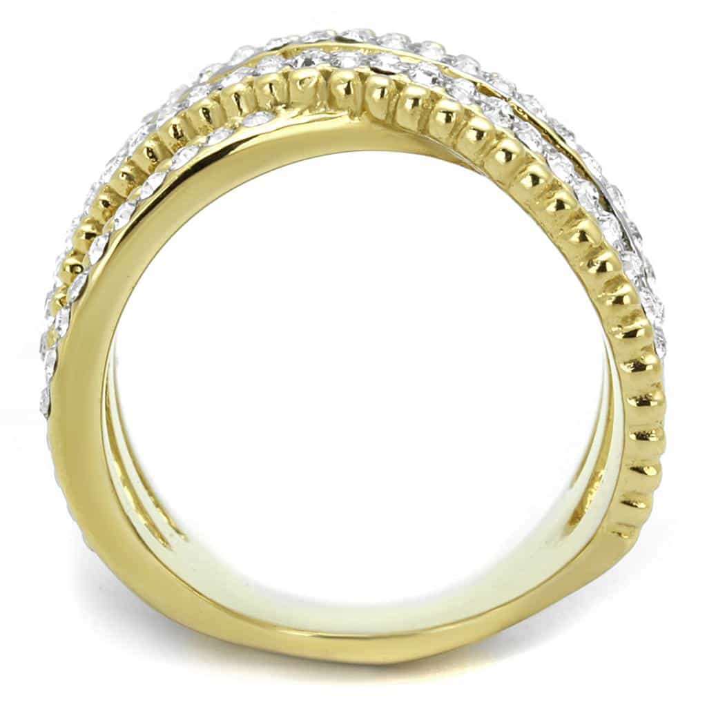 Stainless Steel Gold IP CZ Pave Multi Row Wide Crossover Ring view 7
