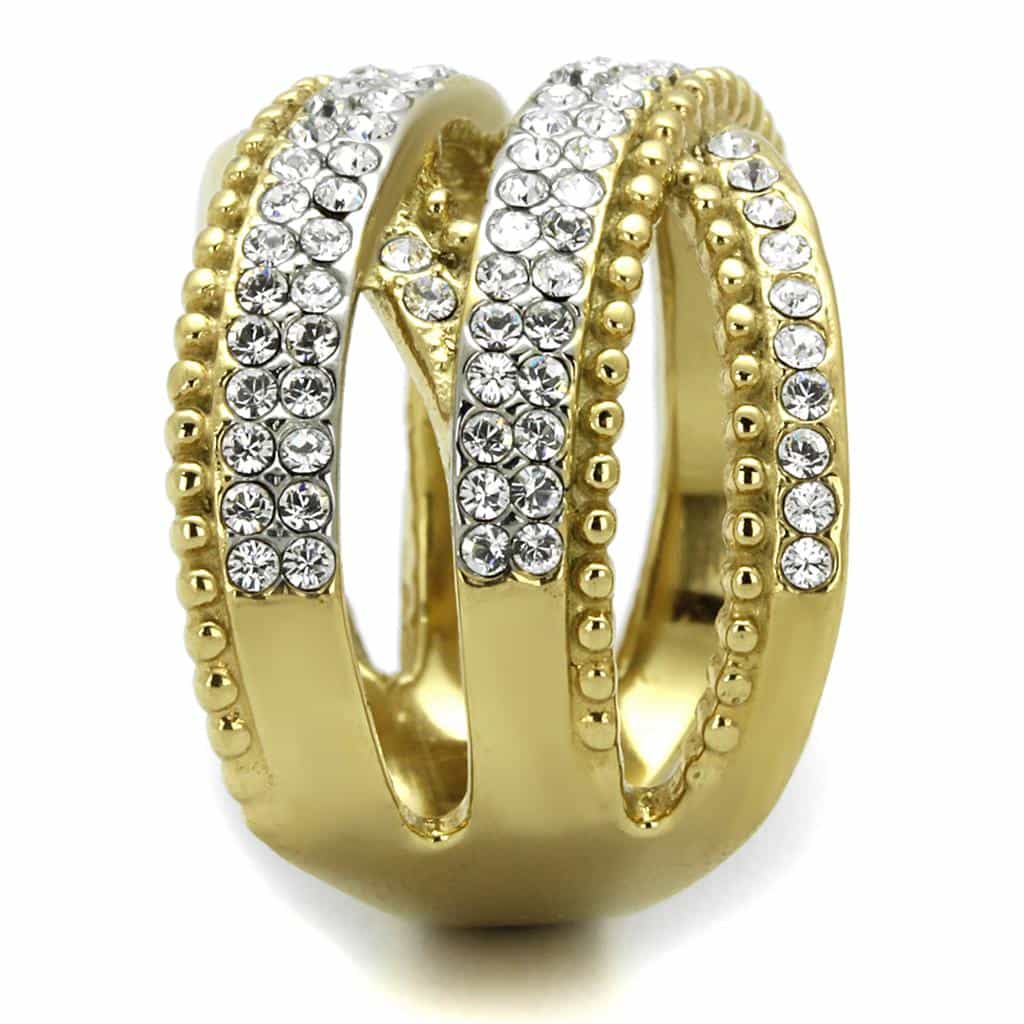 Stainless Steel Gold IP CZ Pave Multi Row Wide Crossover Ring view 4