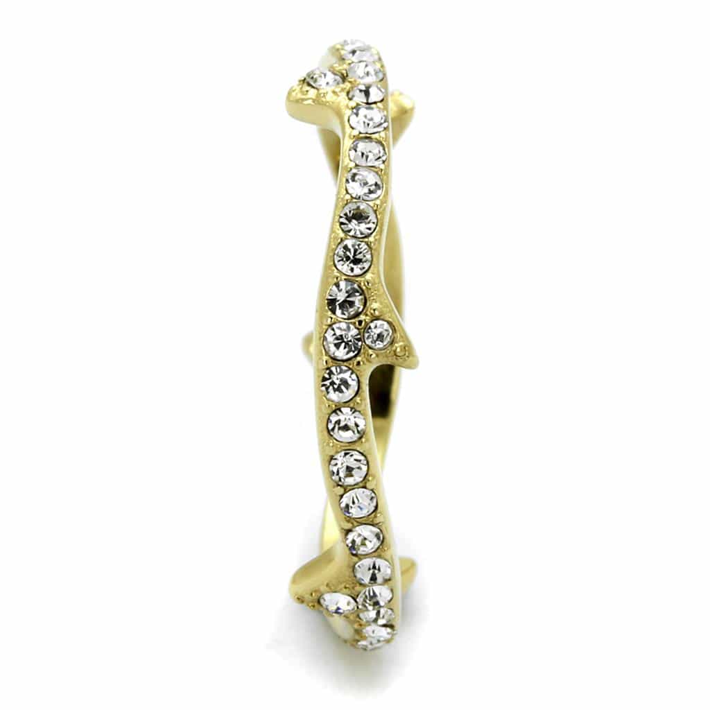 Stainless Steel Gold IP CZ Branch Thorn Band Ring view 4