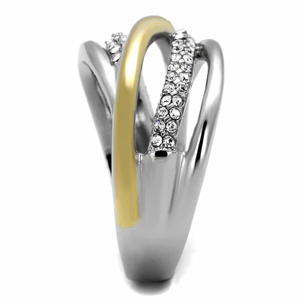 Stainless Steel Two Tone Gold CZ Pave Crossover Ring view 4