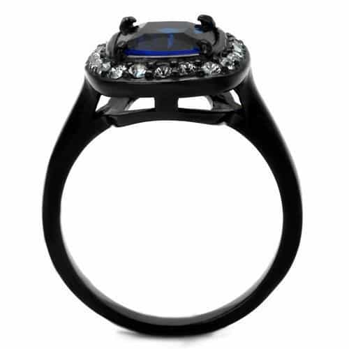 Stainless Steel Black IP Blue Sapphire Cushion CZ Halo Ring view 7