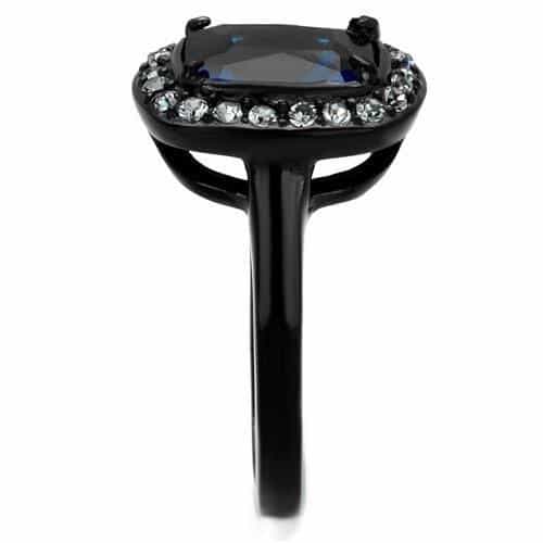 Stainless Steel Black IP Blue Sapphire Cushion CZ Halo Ring view 8