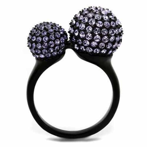 Stainless Steel Black IP Lavender Crystal Double Ball Dome Ring view 3