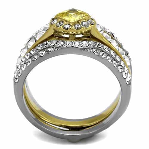 Stainless Steel Two Tone Gold IP Canary Yellow Princess CZ Ring view 3