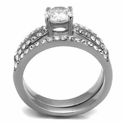 Stainless Steel CZ Round Solitaire Pave Triple Band Bridal Ring view 7