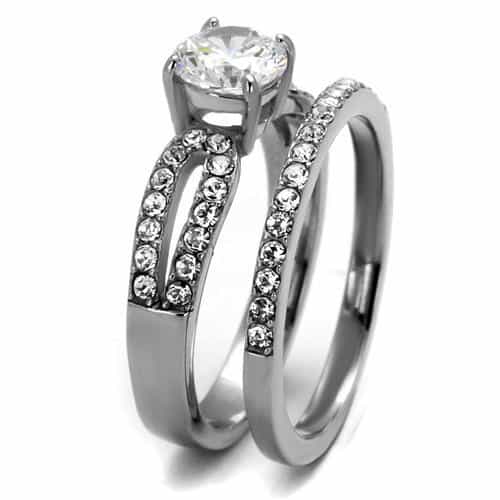 Stainless Steel CZ Round Solitaire Pave Triple Band Bridal Ring view 8