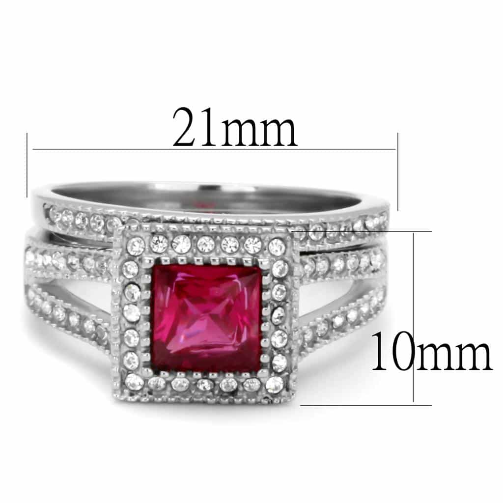 Stainless Steel Pink Ruby Princess CZ Halo Pave Bridal Ring view 6
