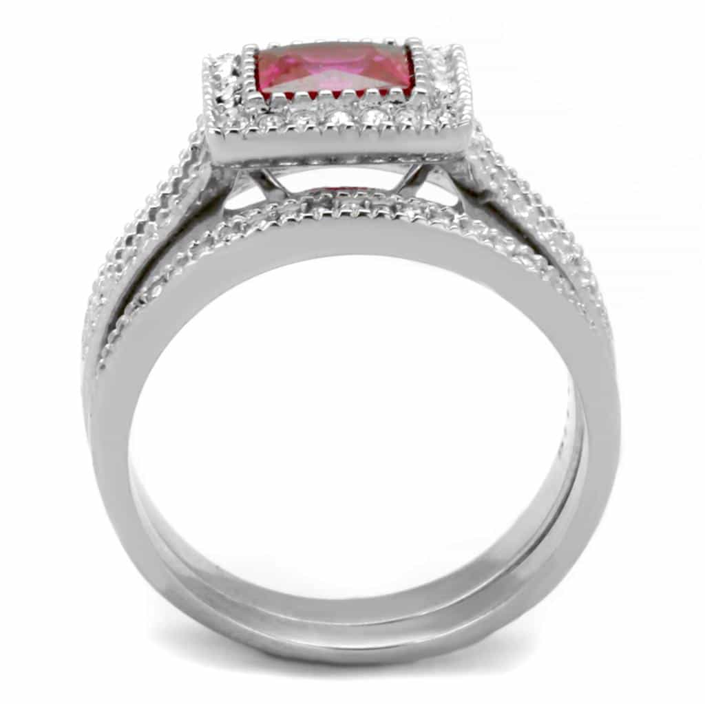 Stainless Steel Pink Ruby Princess CZ Halo Pave Bridal Ring view 7