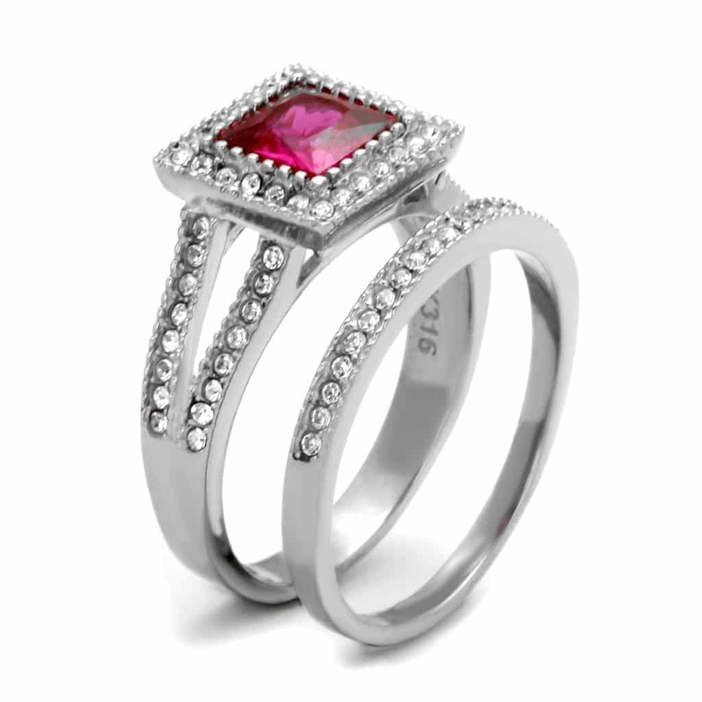 Stainless Steel Pink Ruby Princess CZ Halo Pave Bridal Ring view 8