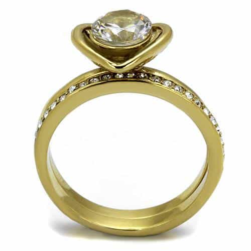 Stainless Steel Gold IP CZ Round Solitaire Channel Bridal Ring view 7