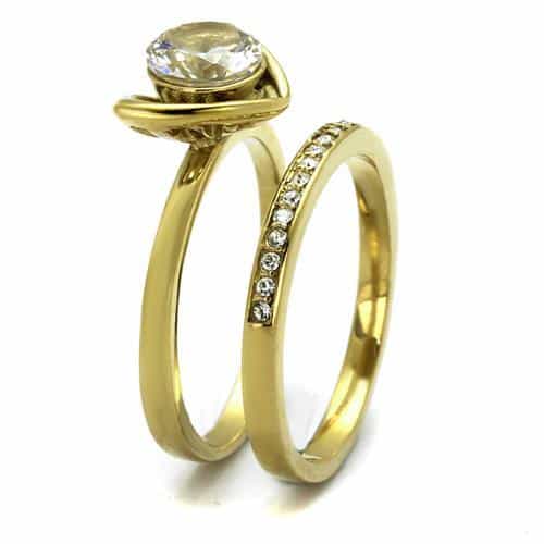 Stainless Steel Gold IP CZ Round Solitaire Channel Bridal Ring view 8