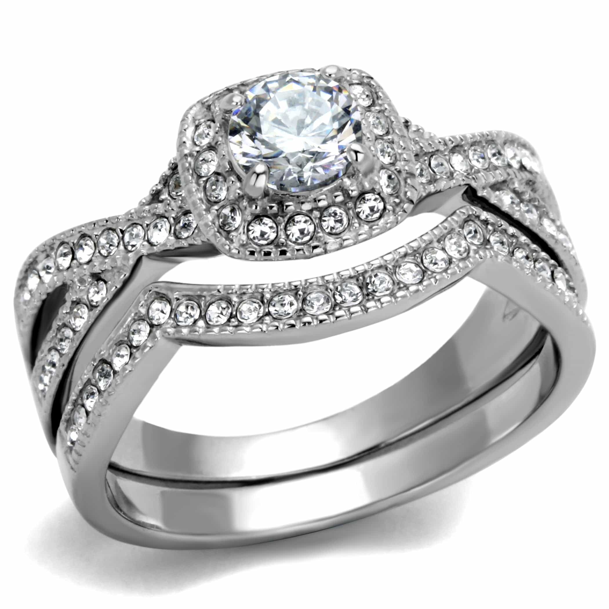 Stainless Steel CZ Round Halo Pave Split Shank Bridal Ring view 5