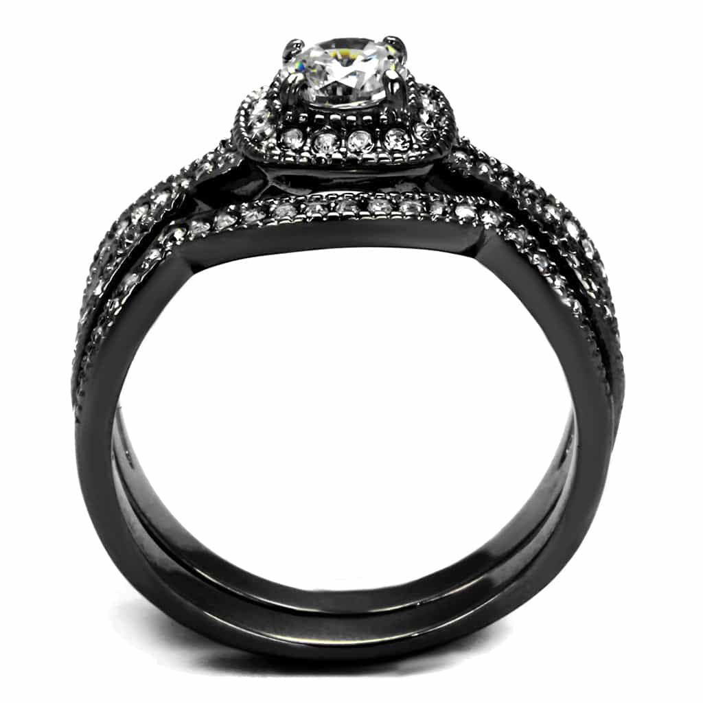 Stainless Steel Black IP CZ Round Halo Pave Vintage Bridal Ring view 7