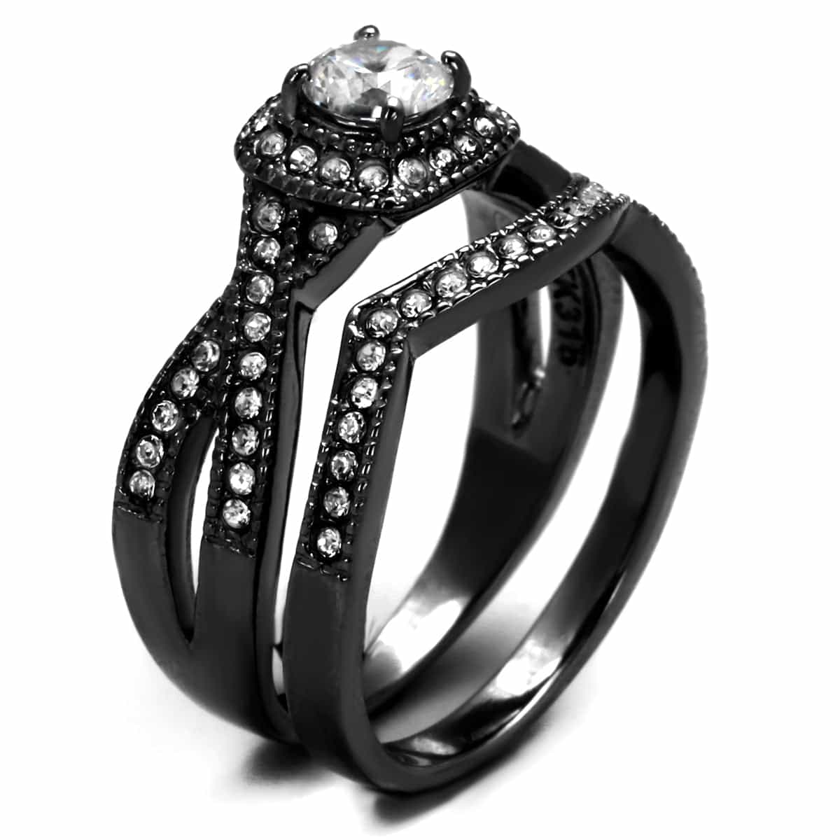 Stainless Steel Black IP CZ Round Halo Pave Vintage Bridal Ring view 8