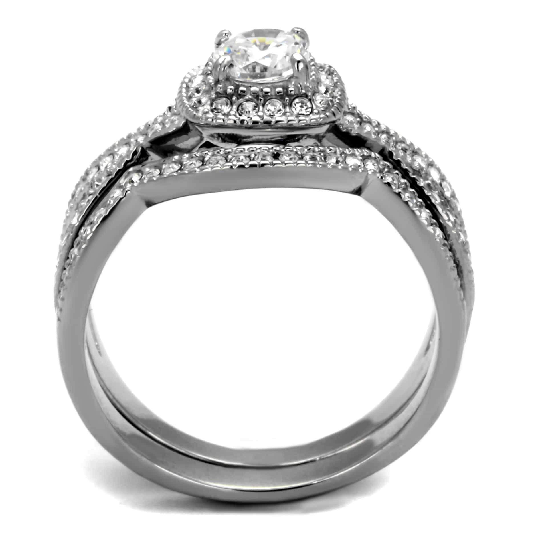 Stainless Steel CZ Round Halo Pave Split Shank Bridal Ring view 7