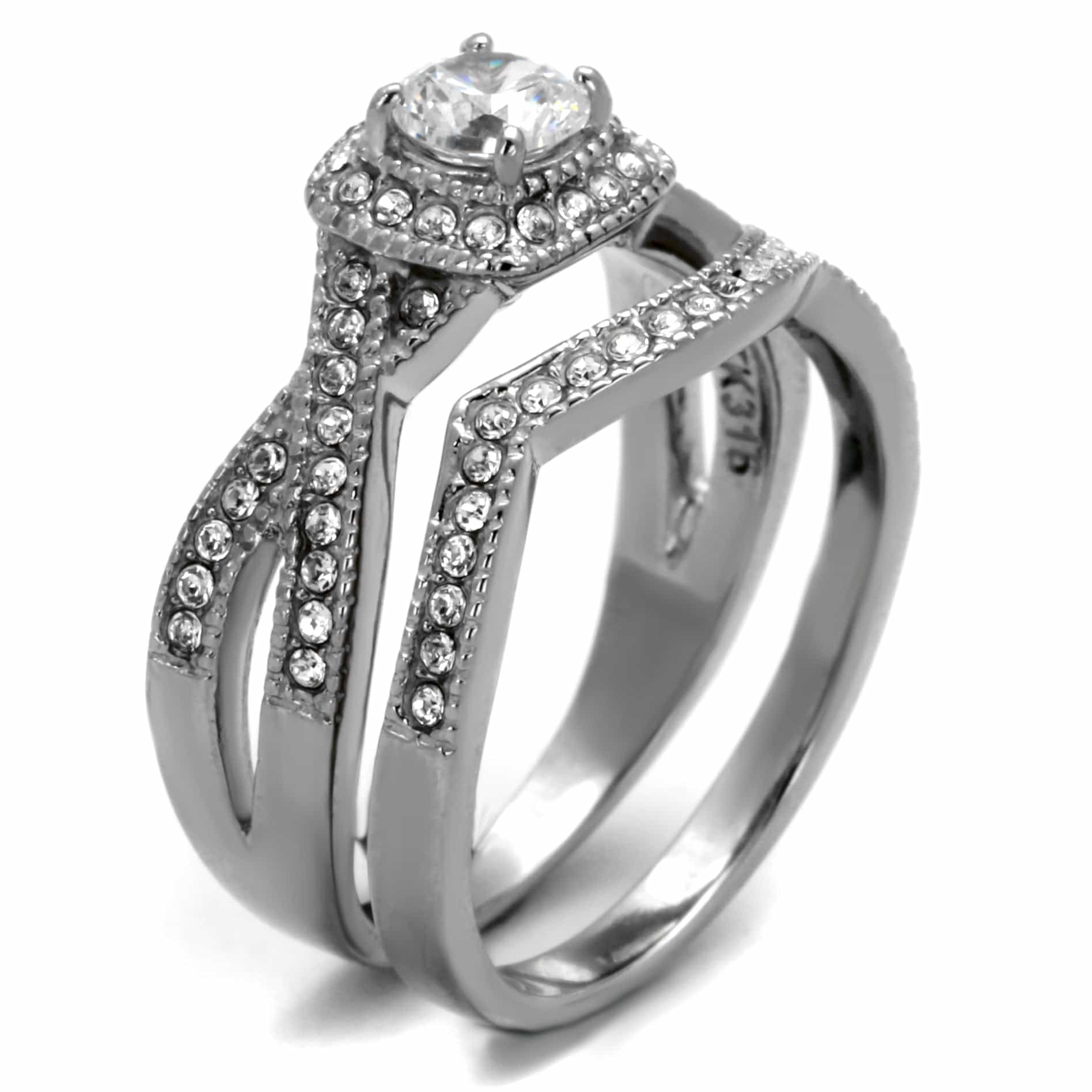 Stainless Steel CZ Round Halo Pave Split Shank Bridal Ring view 4