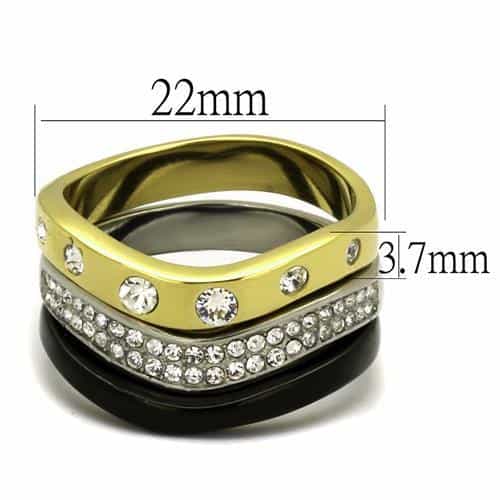 Stainless Steel Three Tone Gold Black Silver CZ Square Pave Ring view 2