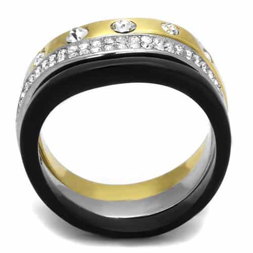 Stainless Steel Three Tone Gold Black Silver CZ Square Pave Ring view 3