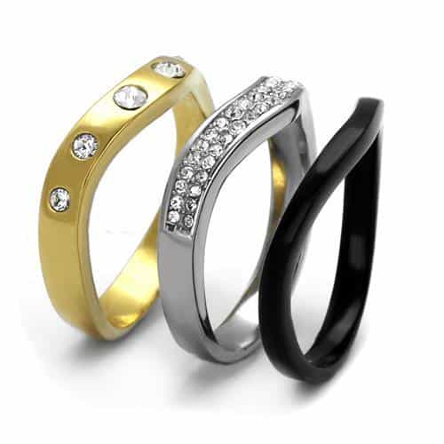 Stainless Steel Three Tone Gold Black Silver CZ Square Pave Ring view 8