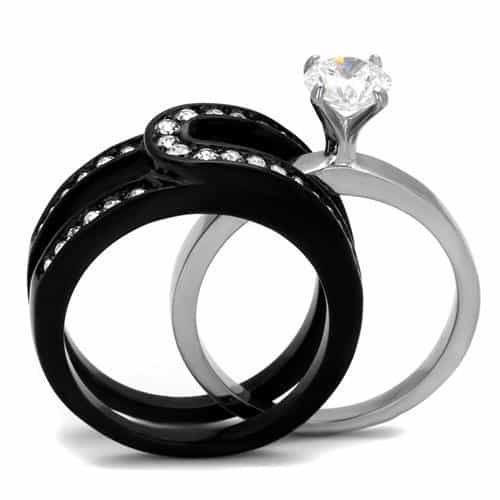 Stainless Steel Black IP CZ Round Solitaire Pave Bridal Ring view 3