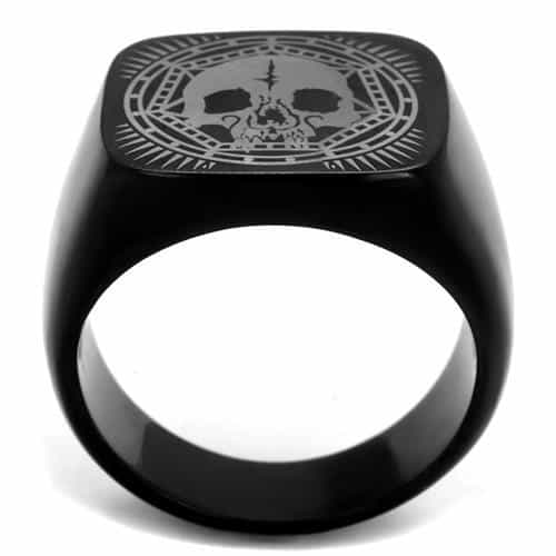 Stainless Steel Black IP Skull Sunburst Compass Signet Ring view 3