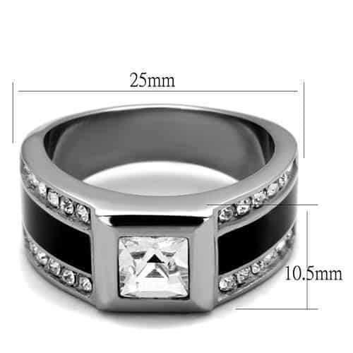 Stainless Steel CZ Princess Bezel Channel Black Enamel Mens Ring view 6