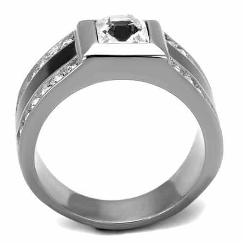 Stainless Steel CZ Princess Bezel Channel Black Enamel Mens Ring view 7