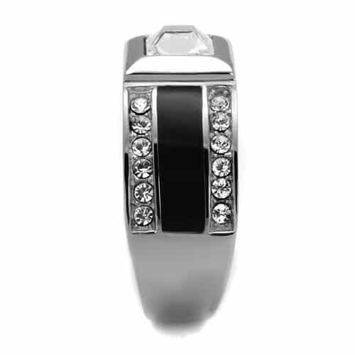 Stainless Steel CZ Princess Bezel Channel Black Enamel Mens Ring view 4