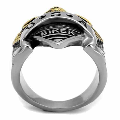 Stainless Steel USA Biker Eagle Shield Gold Accent Ring view 3