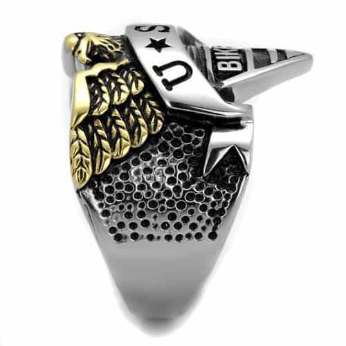 Stainless Steel USA Biker Eagle Shield Gold Accent Ring view 8