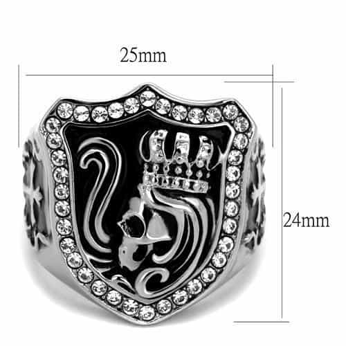 Stainless Steel Skull Crown Shield CZ Gothic Signet Ring view 2
