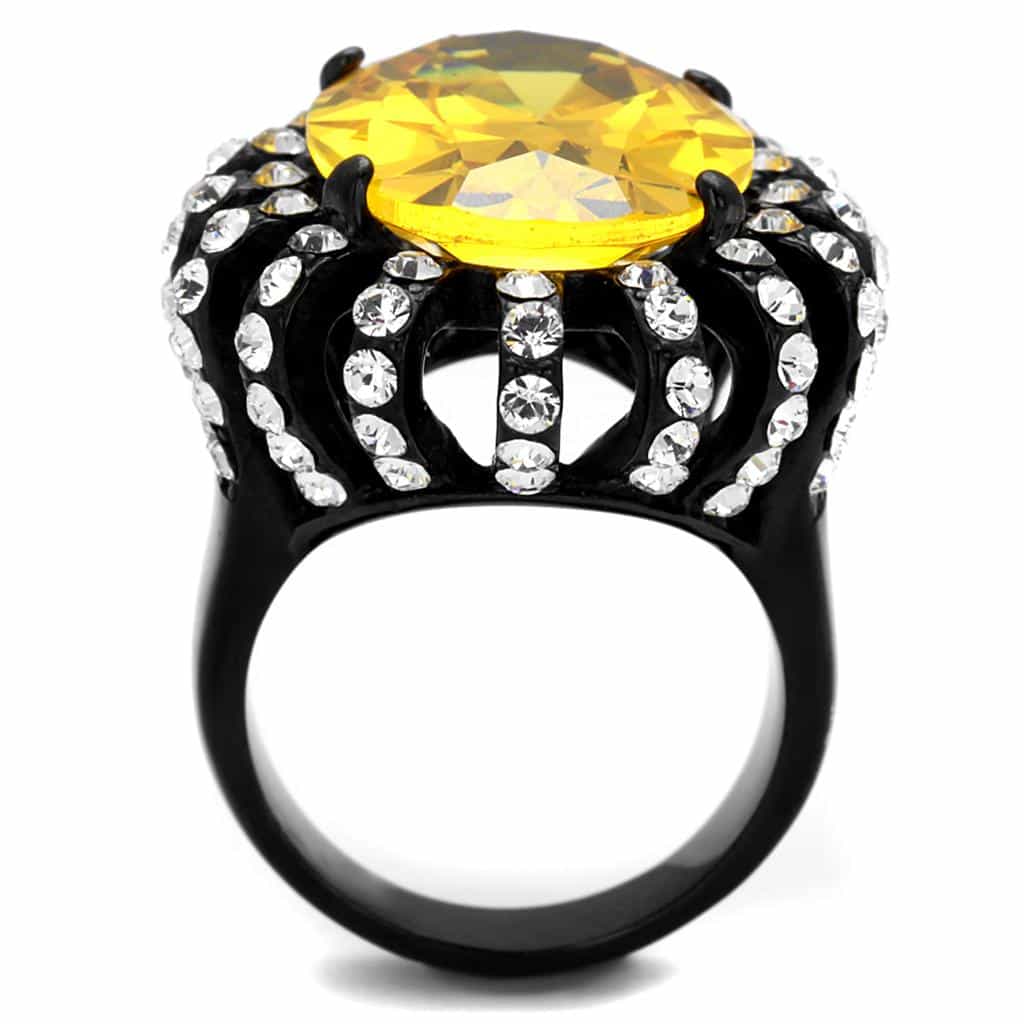 Stainless Steel Black IP Citrine Yellow Oval CZ Halo Ring view 7