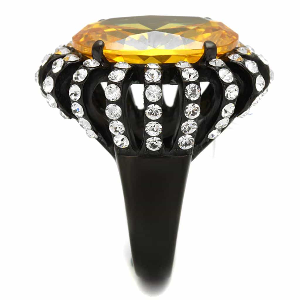Stainless Steel Black IP Citrine Yellow Oval CZ Halo Ring view 8
