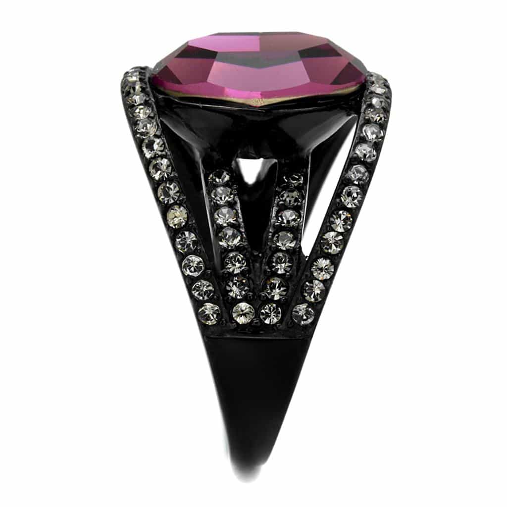 Stainless Steel Black IP Amethyst Purple Oval CZ Split Shank Ring view 4
