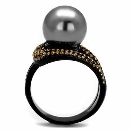 Stainless Steel Black IP Gray Pearl Champagne CZ Halo Ring view 7