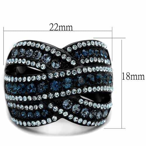 Stainless Steel Black IP Blue Crystal Multi Row Wave Wide Ring view 2