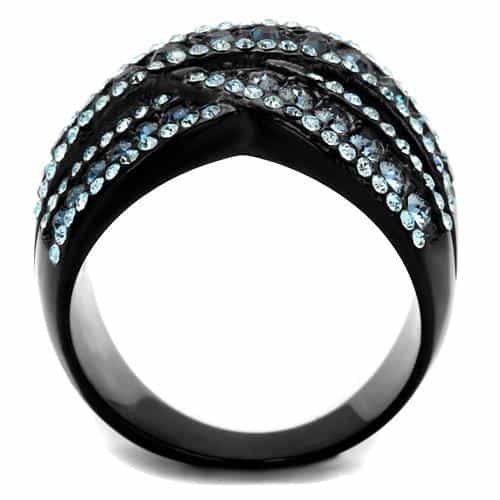 Stainless Steel Black IP Blue Crystal Multi Row Wave Wide Ring view 7