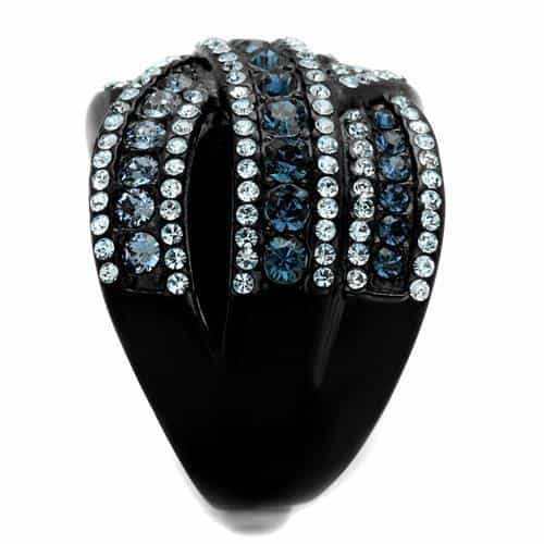 Stainless Steel Black IP Blue Crystal Multi Row Wave Wide Ring view 4