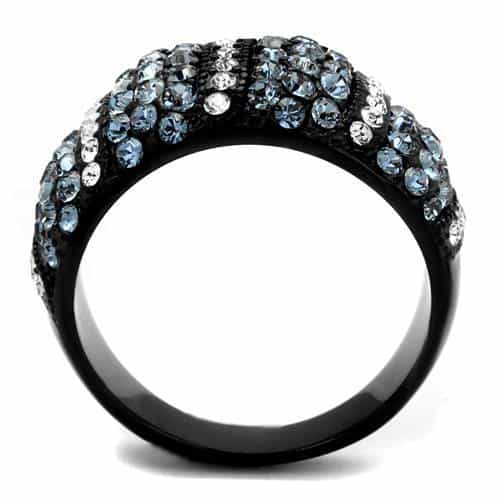Stainless Steel Black IP Aqua Blue Crystal Stripe Wide Dome Ring view 7