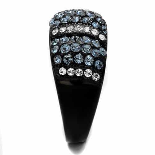 Stainless Steel Black IP Aqua Blue Crystal Stripe Wide Dome Ring view 4