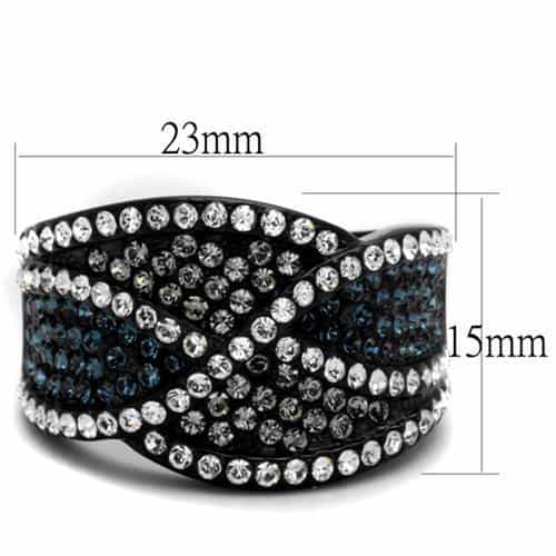 Stainless Steel Black IP Blue Gray Crystal Wave Crossover Ring view 2