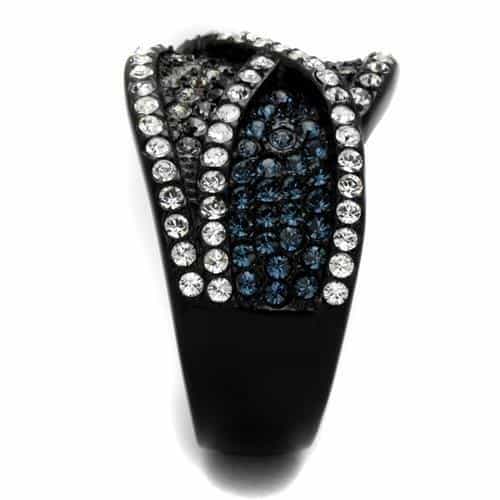 Stainless Steel Black IP Blue Gray Crystal Wave Crossover Ring view 8