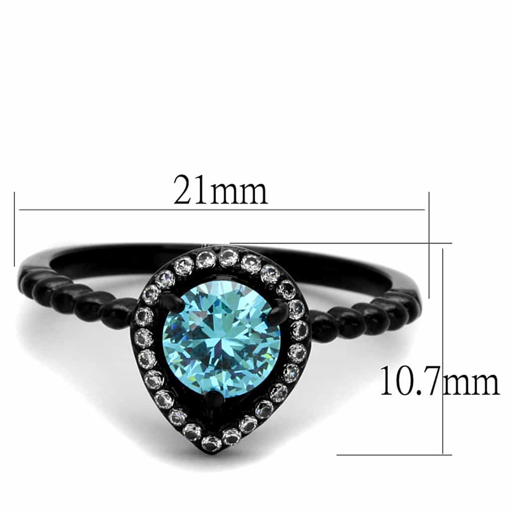Stainless Steel Black IP Aqua Blue CZ Pear Halo Bead Shank Ring view 6