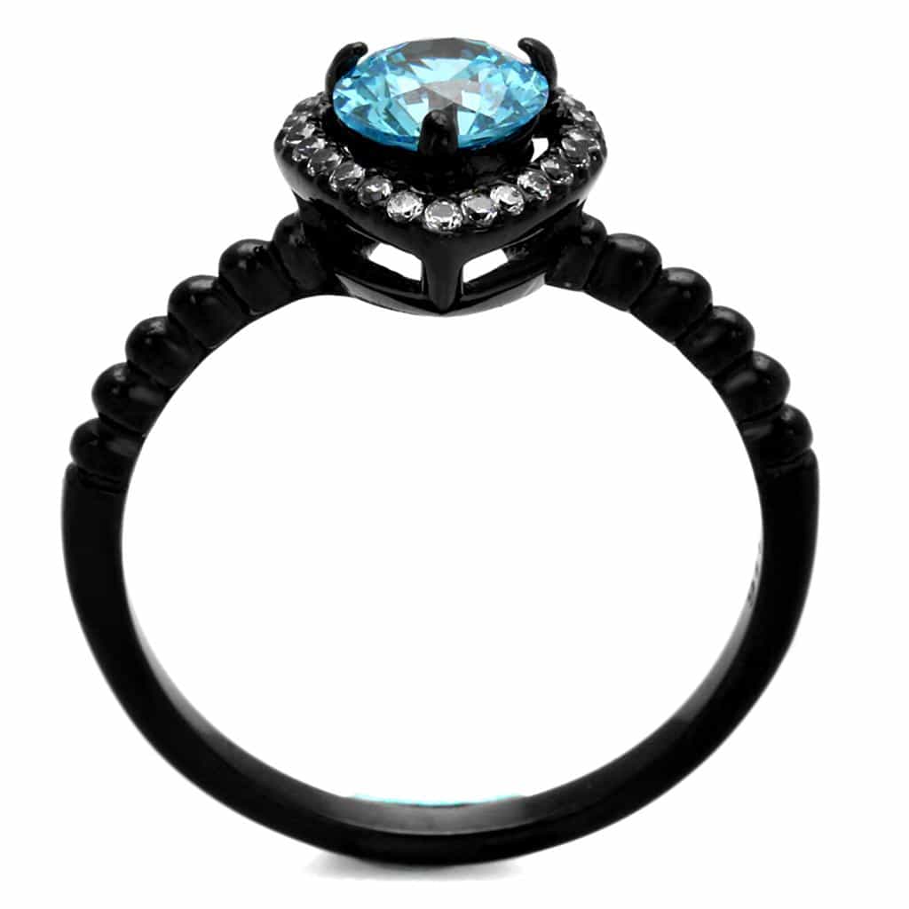 Stainless Steel Black IP Aqua Blue CZ Pear Halo Bead Shank Ring view 7