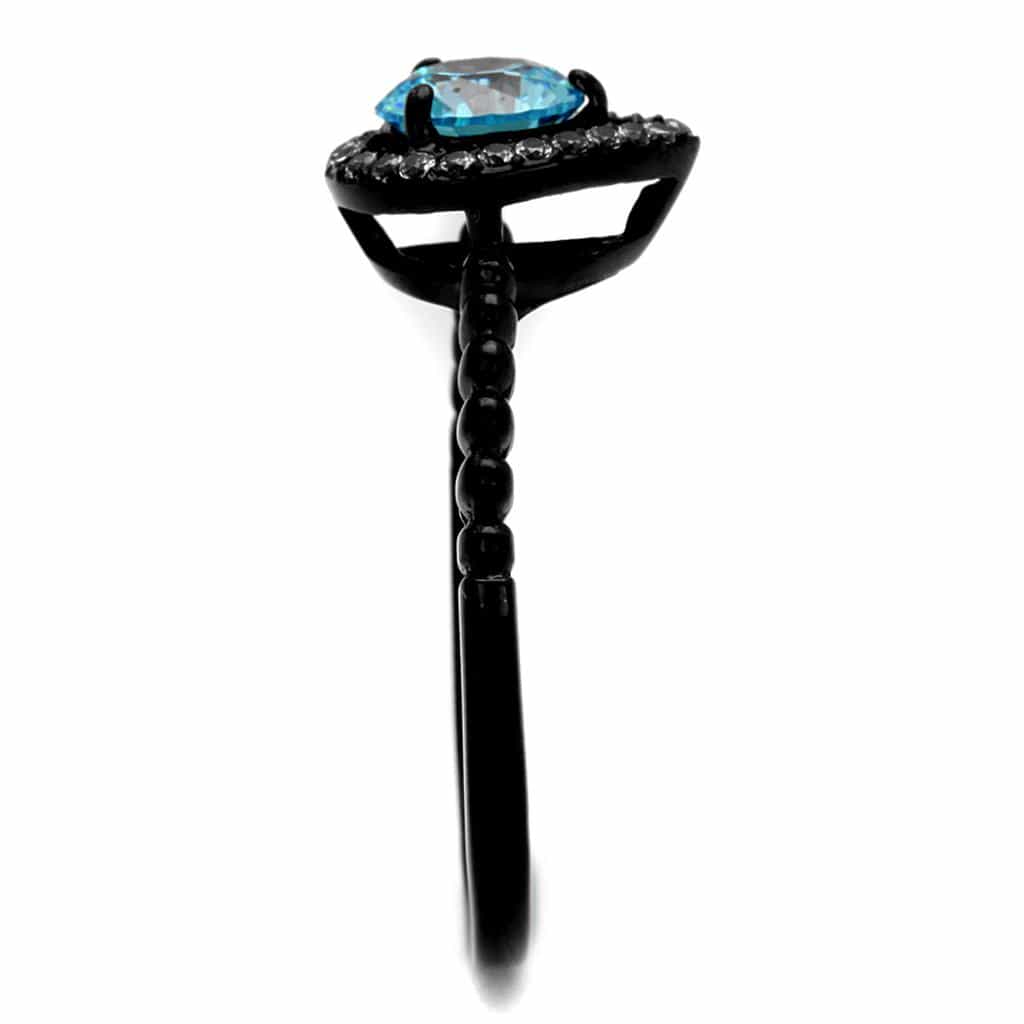 Stainless Steel Black IP Aqua Blue CZ Pear Halo Bead Shank Ring view 8