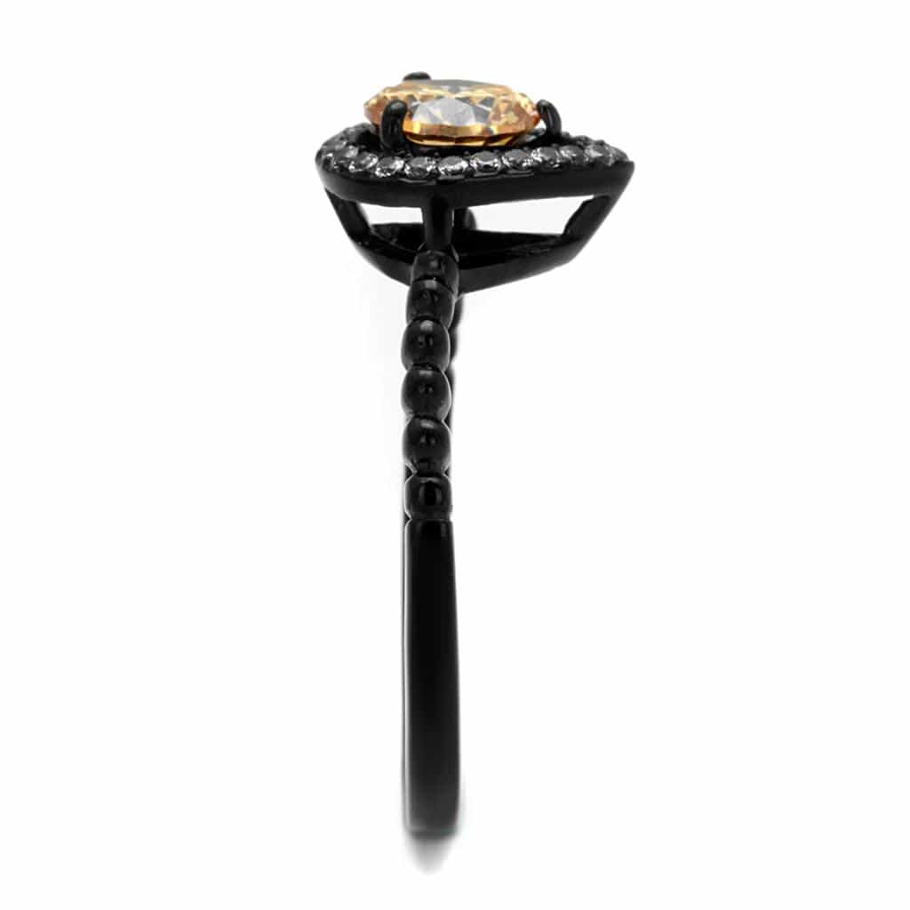 Stainless Steel Black IP Champagne CZ Pear Halo Bead Shank Ring view 8