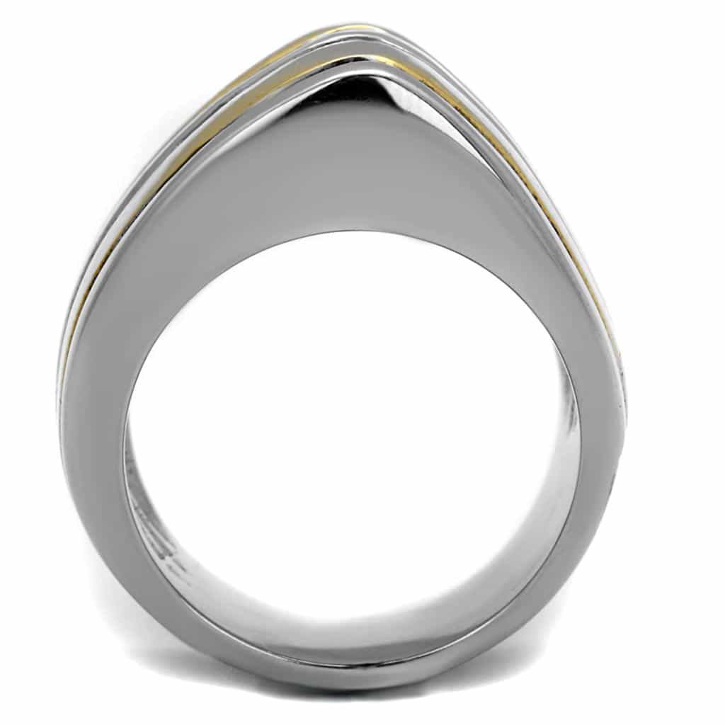 Stainless Steel Two Tone Gold Silver Diagonal Stripe Wide Ring view 3